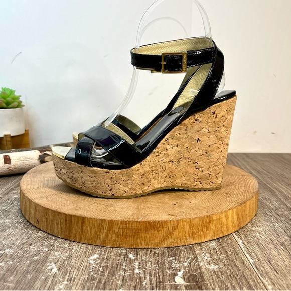 *Jimmy Choo | Papyrus Black Patent Leather Cork Wedge Platform Sandals Size37.5 - Picture 5 of 16